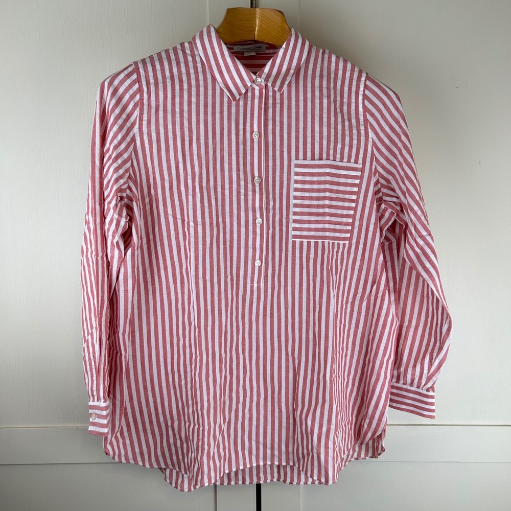 Coldwater Creek Striped Popover Shirt Womens L Red White Cotton Blend Coastal
